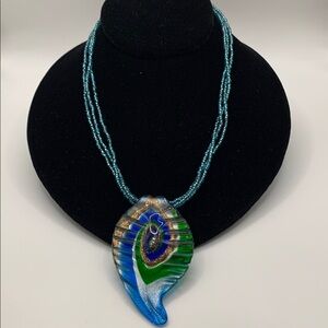 Beaded Triple Strand Peacock-Colored Necklace